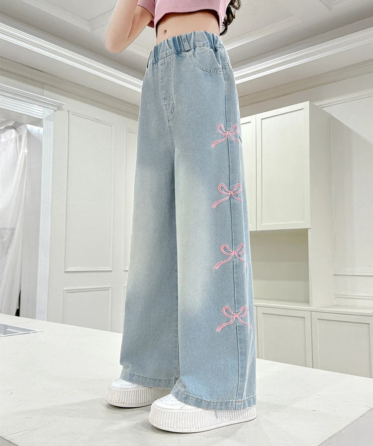 Autumn Kids Child Straight Jeans with Bows on The Side for Teens Girls Fashion Loose Fit Denim Pants Child Casual Jeans Trousers