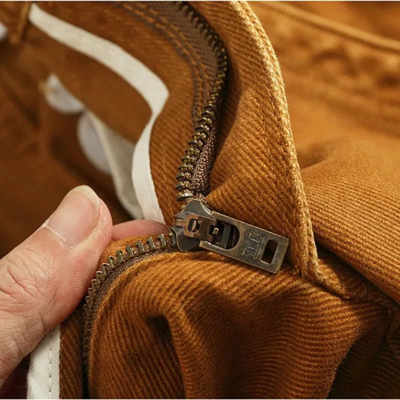 Retro heavy simple cargo pants men's loose straight leg casual pants pure cotton twill woven 3D vertical cut cone pants