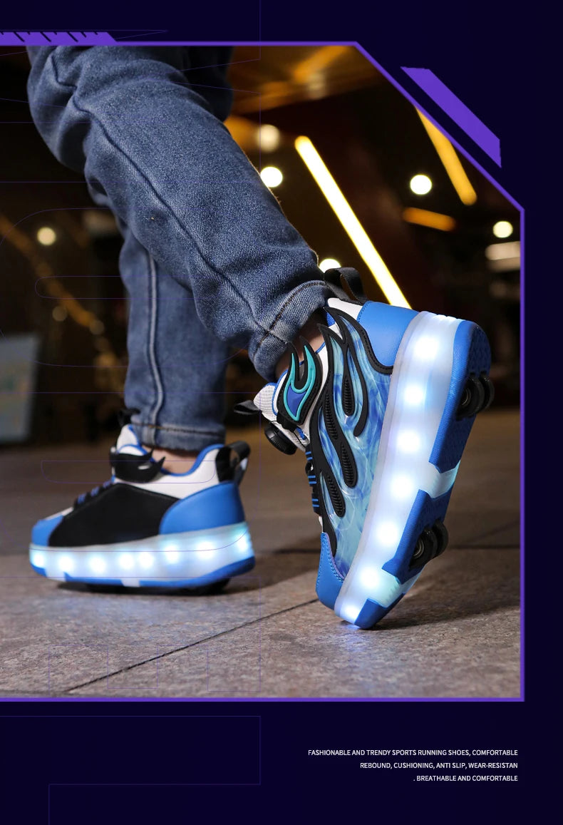 2025 New children's four-wheel novice light up rotary button automatic shrinkage fast walking shoes for boys sneakers