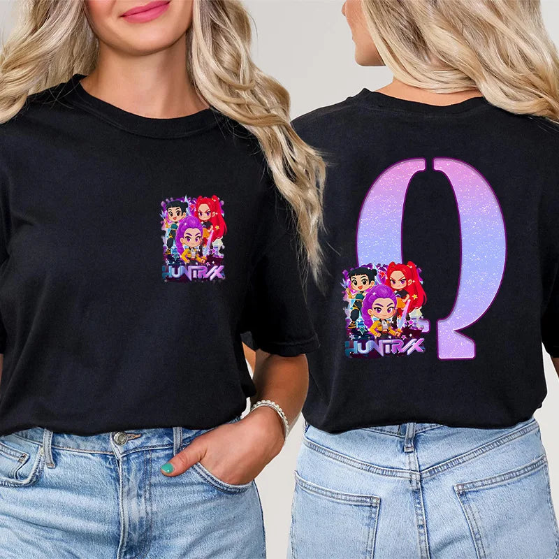 Fashion A-Z 26 Letter T-Shirts Kpop Demon Hunters Graphic Aesthetic Clothing Women T-Shirt Harajuku Female Clothing Y2k Tops