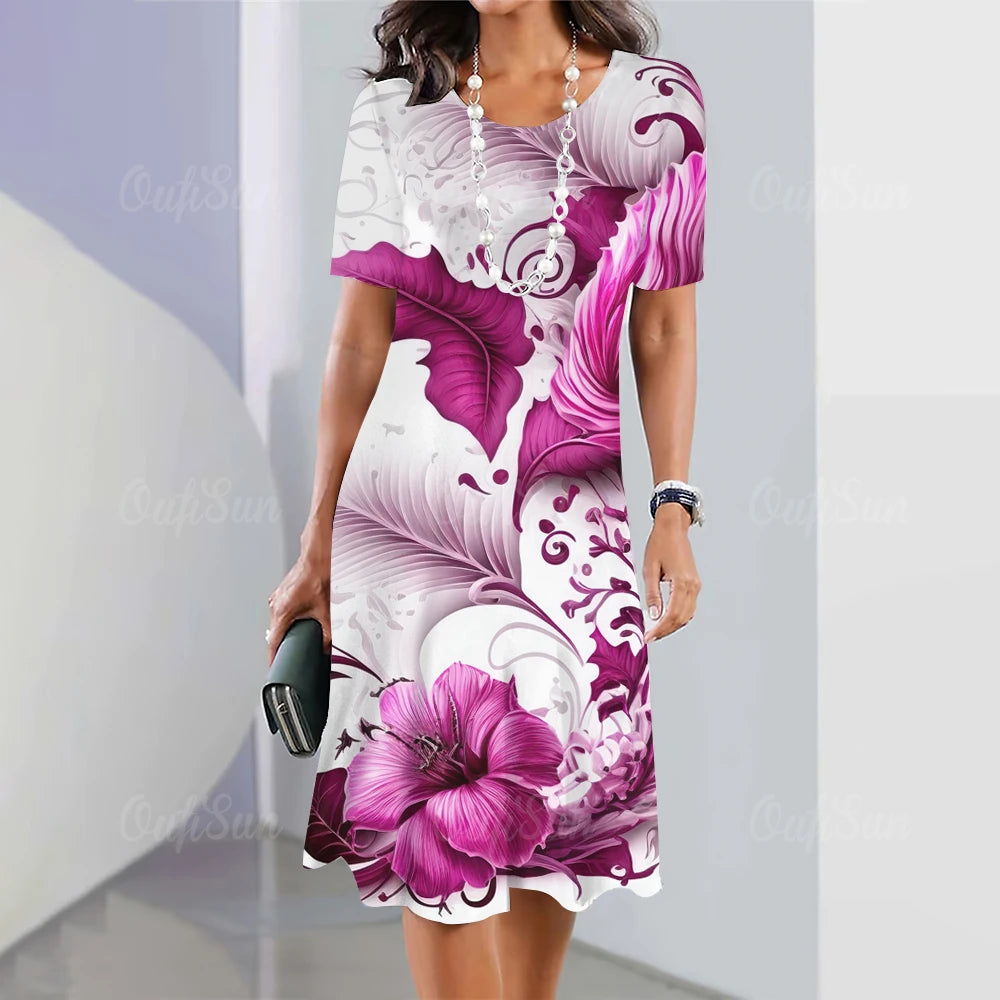 Summer Women'S Dresses 3d Art Flowers Printed Short Sleeve Clothing Elegant Loose A-Line Skirt Fashion Lady Large Size Dress
