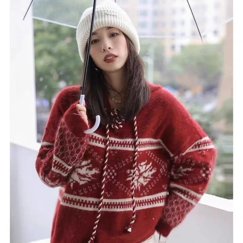 100% pure wool cashmere sweater women's 2024 autumn and winter new hooded collar pullover fashionable loose knit plus size top