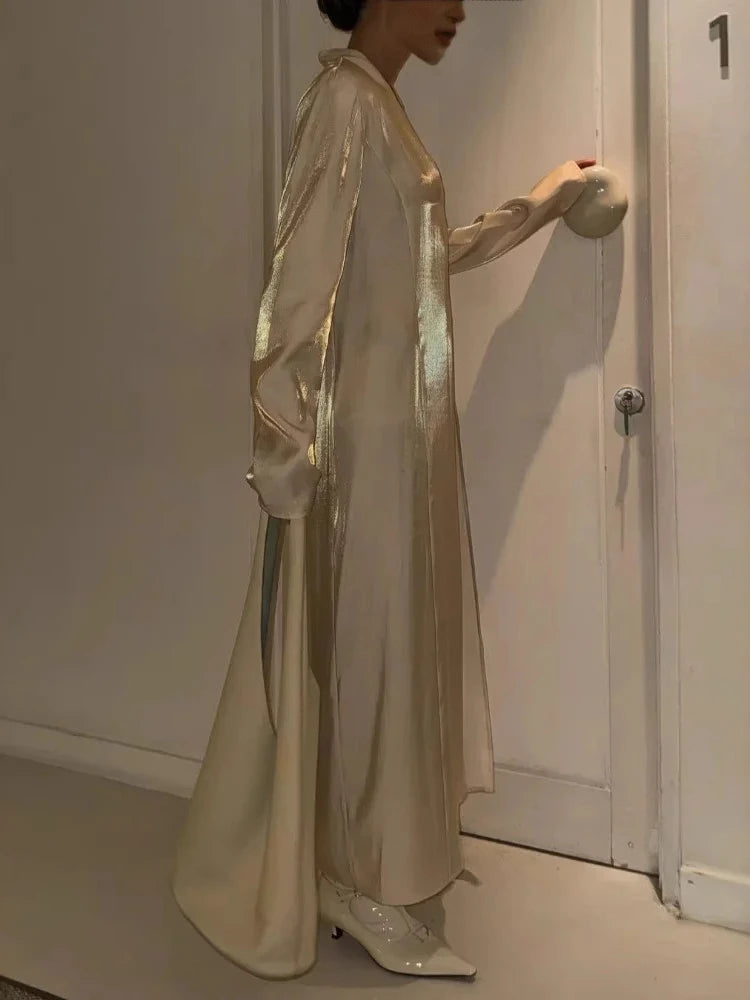 2025 Summer Fashion New Women's Elegant Dress Gold Sparkling V-neck Split Sexy Street Style Stand Up Long Dress