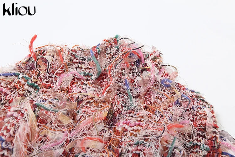 kliou Stacked Pleated Women Mini Dress 2024 New Stunning O-neck Body-shaping Patchwork Vestidos Female Attractive Party Frock