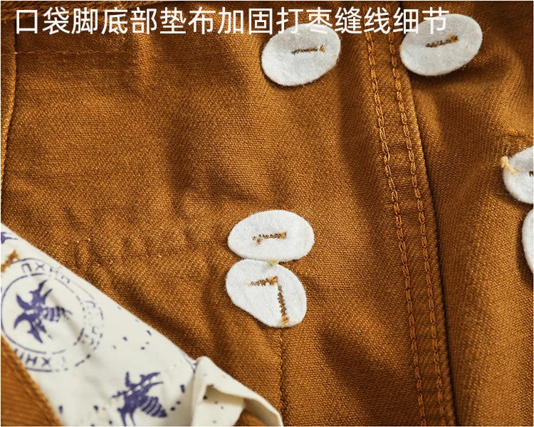 Retro heavy simple cargo pants men's loose straight leg casual pants pure cotton twill woven 3D vertical cut cone pants