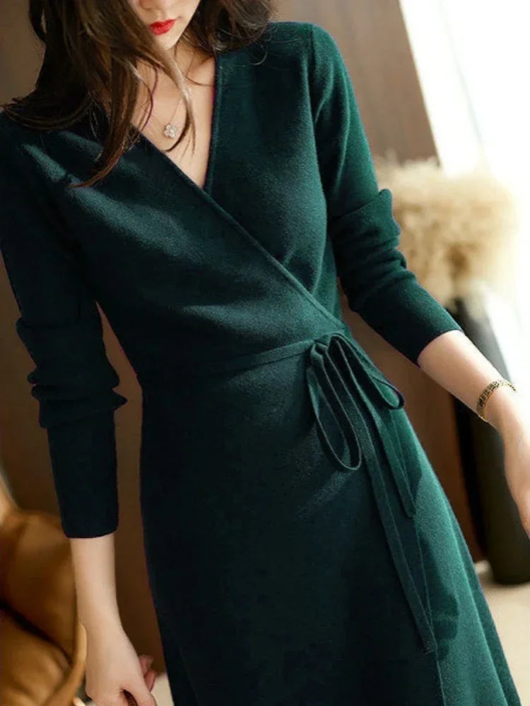 Autumn Winter Sweater Womens Dresses V-neck Wrap Up Dress for Women Woman Clothing Korean Version Loose Elegant Knitted Skirt