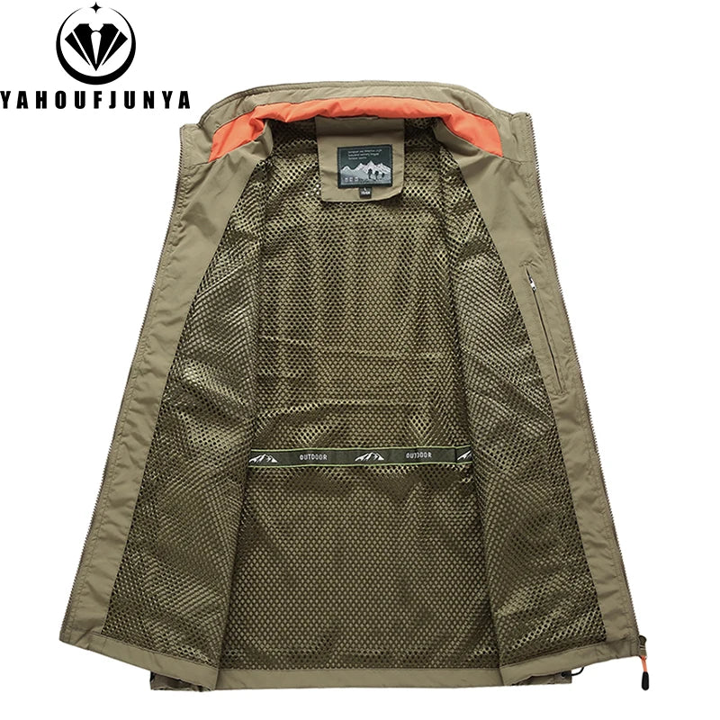 2024 Men Spring Summer Many Pocket Casual Stand Collar Vest Men Sleeveless Solid Color Outdoors Fashion Style Vest Male Coat 6XL