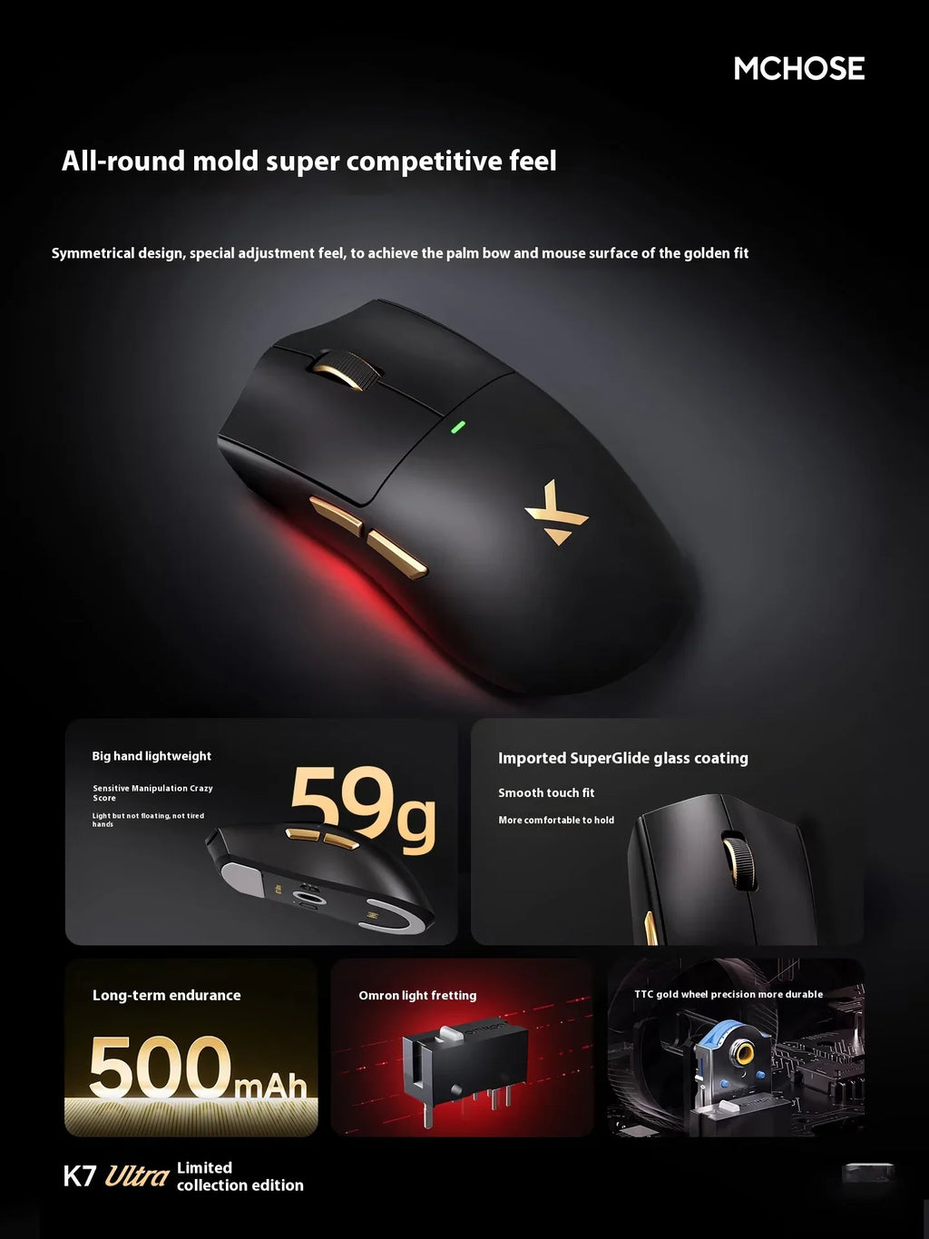MCHOSE K7 Ultra Gaming Mouse PAW3950 Magnetic Wireless Charging Dual 8K Wired wireless Bluetooth connection Esports office
