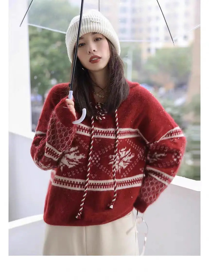 100% pure wool cashmere sweater women's 2024 autumn and winter new hooded collar pullover fashionable loose knit plus size top