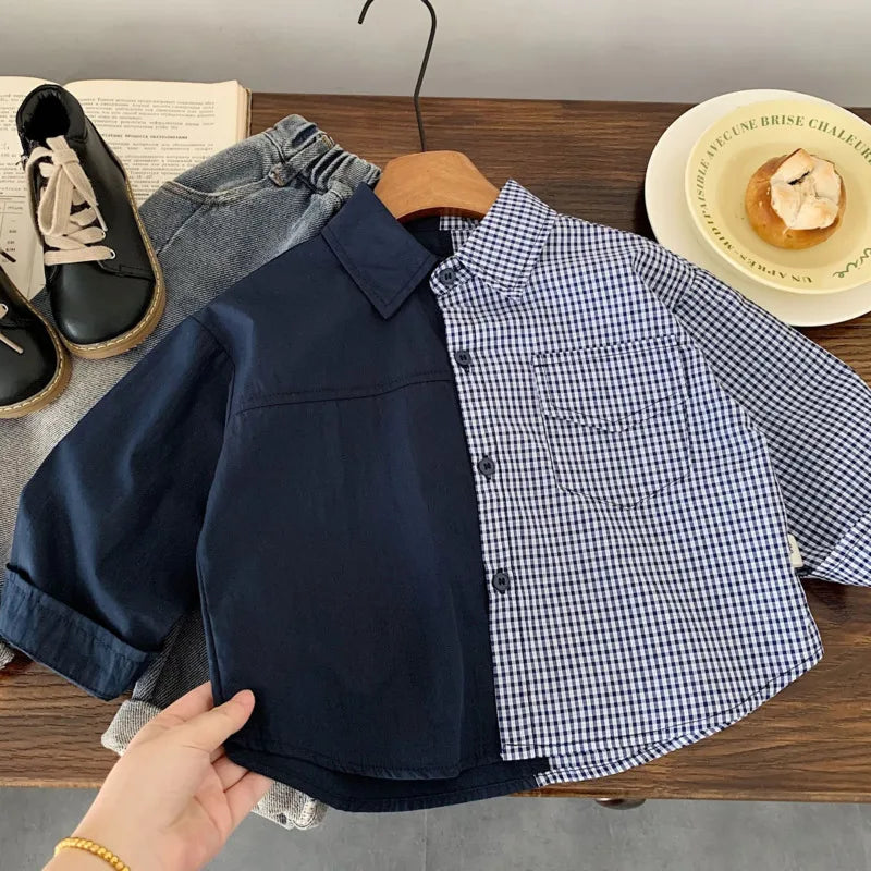 2025 Autumn Winter Cotton Boys Shirt Children Kid Long Sleeve SweatShirt Baby Turn-down Collar Patchwork 3-10 Years Toddler