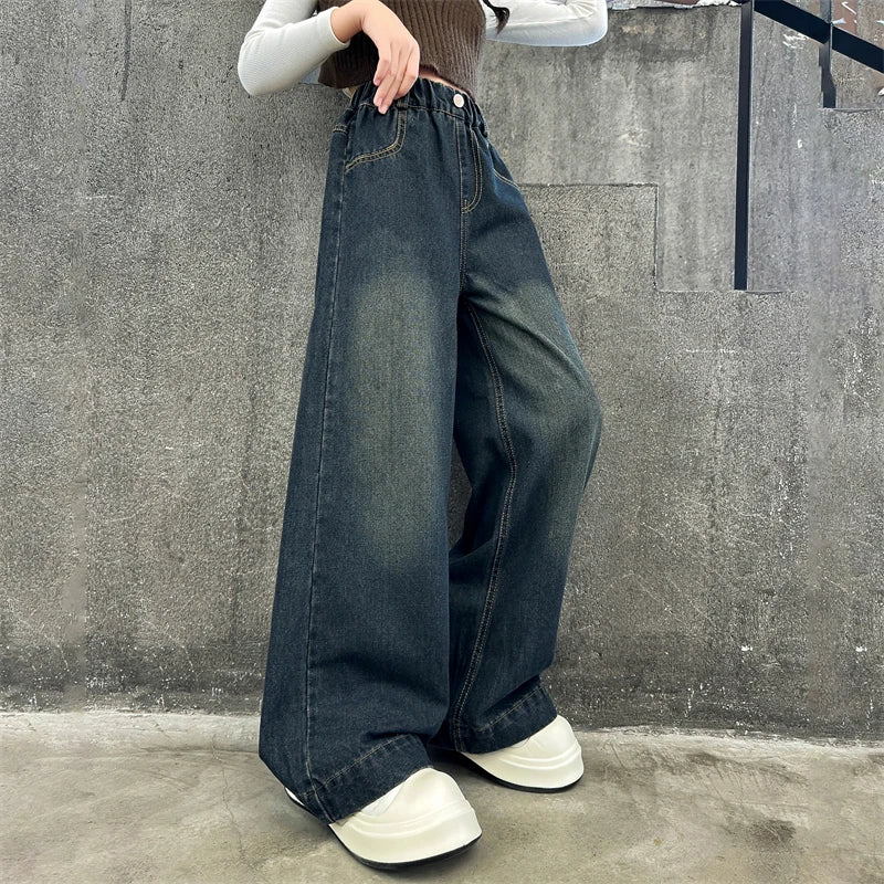 Child Fashion High-Waisted Wide-Leg Jeans For Tween Girls Streetwear Loose Denim Pants Kids Washed Dark Blue Jeans Trousers 5-14