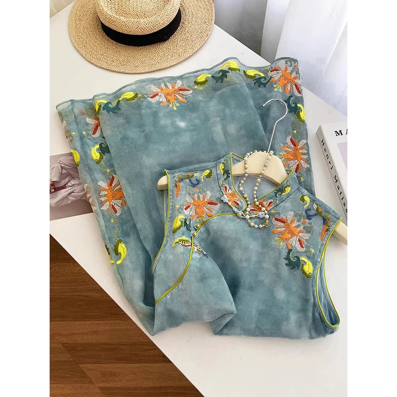 Chinese Style Blue Cheongsam Dress Women Autumn 2025 Embroidered Slim Fit Elegant Qipao Midi Dress Vintage Fashion
