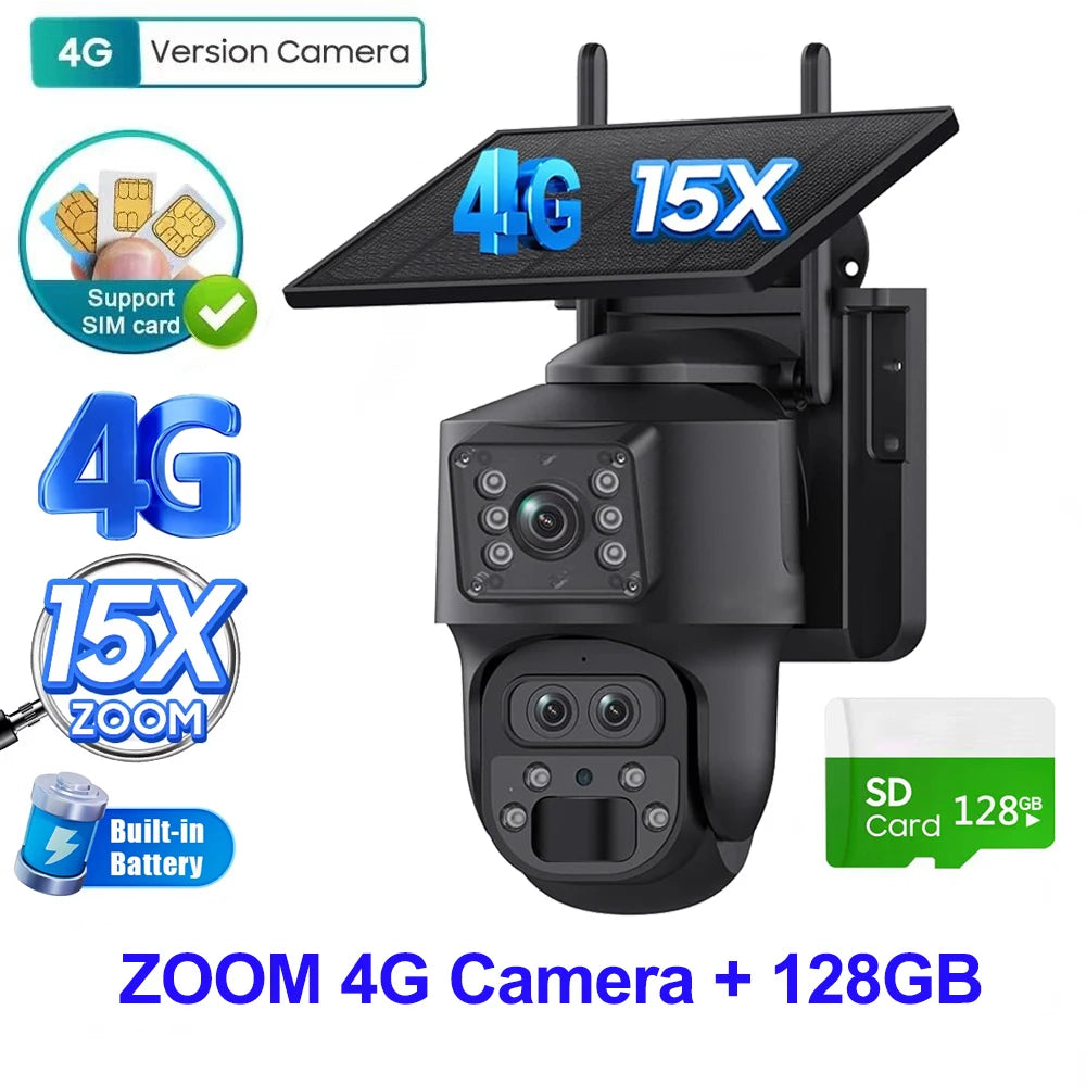 SHIWOJIA 15X ZOOM Solar Camera 4G 12MP Three Lens 360° View 5W Solar Panel Security Outdoor PTZ IP Camera 7800mAh Battery UBOX