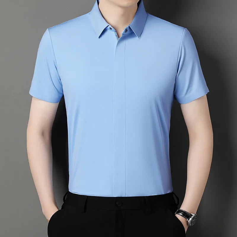 Quality Zipper Dress Shirts for Men Short Sleeve Business Non-iron Wrinkle Resistance Elastic Top New Western-style Formal Shirt
