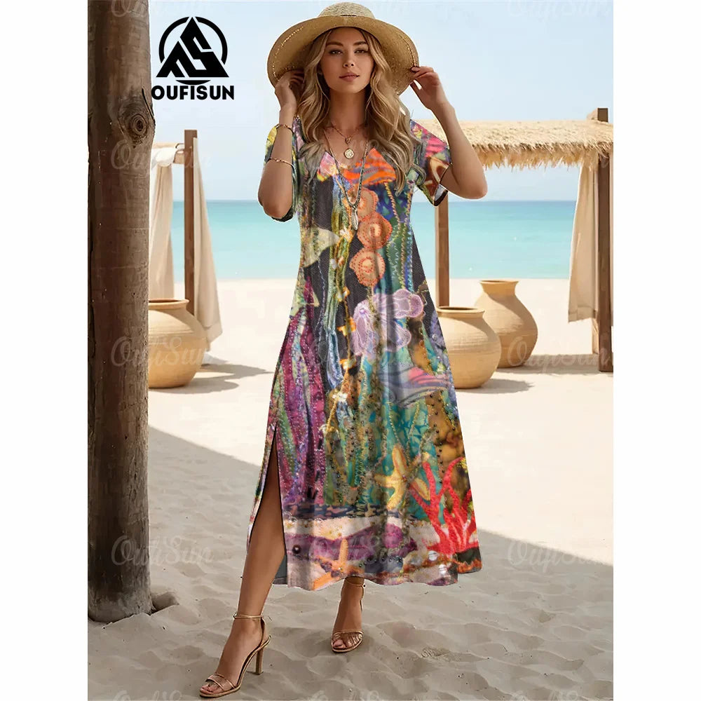 Elegant Womens Dresses Summer V-Neck Women's Clothing Vintage Woman Long Dress Fashions Evening Dress Loose Oversize Pullover