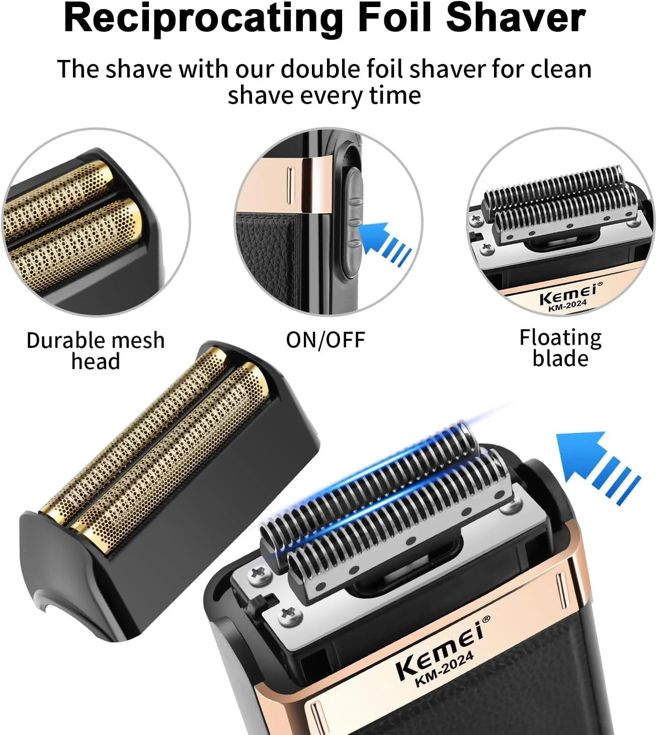 KEMEI Men's electric shaver, reciprocating double-blade head, rechargeable professional electric shaver for home use. KM-2024