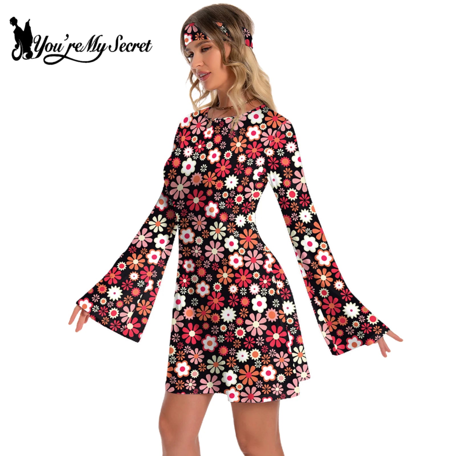 [You're My Secret] 60s 70s Women's Bohemian Style Disco Floral Printed Outfit Dresses Holiday Hippie Costume Clothes Vestidos
