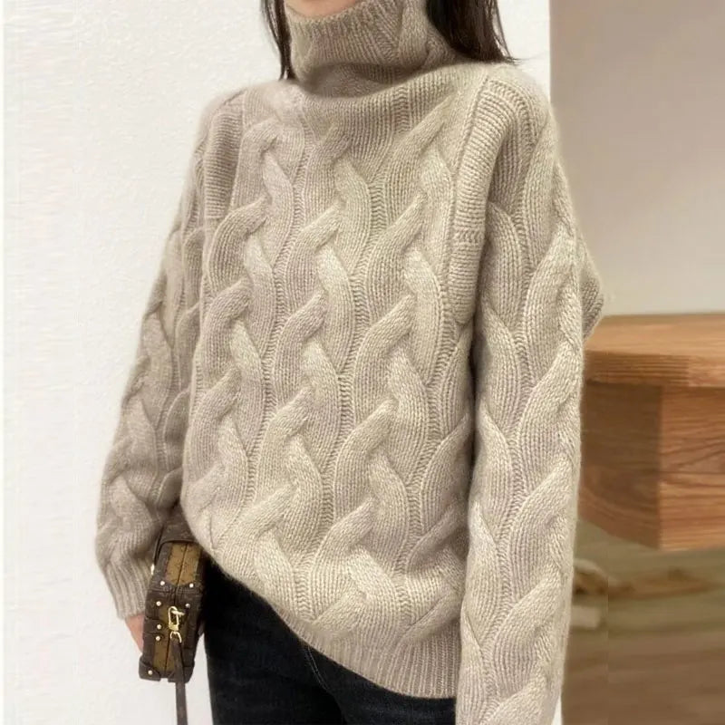 100% pure cashmere sweater women's autumn and winter high-necked loose twisted thick lazy wind bottoming plus size sweater