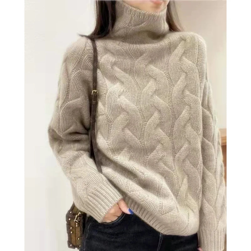 100% pure cashmere sweater women's autumn and winter high-necked loose twisted thick lazy wind bottoming plus size sweater