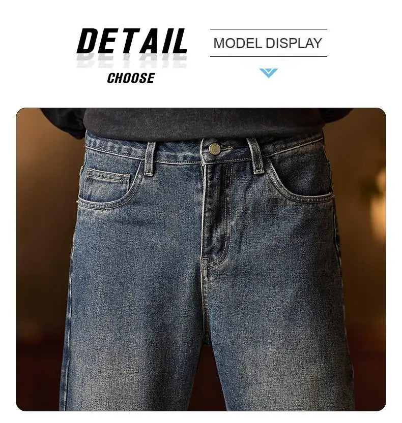 Mens Elastic Waist Jeans Relaxed Fit Men's Blue Jeans with Elastic Waist with Zipper and Button