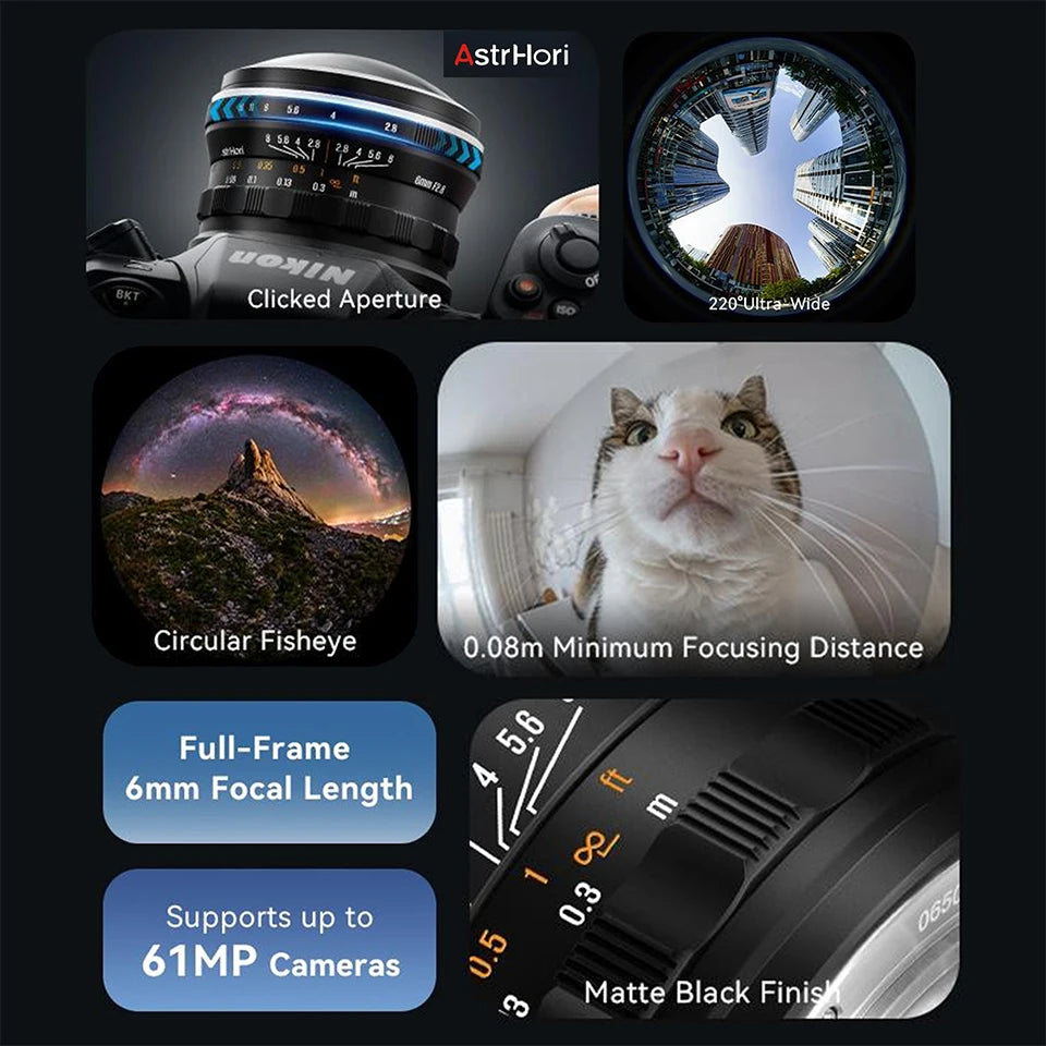 AstrHori 6mm F2.8 Full Frame Circular Fisheye Lens Manual Focus Ultra-wide Angle Camera Lens for SONY E NIKON Z CANON RF L Mount
