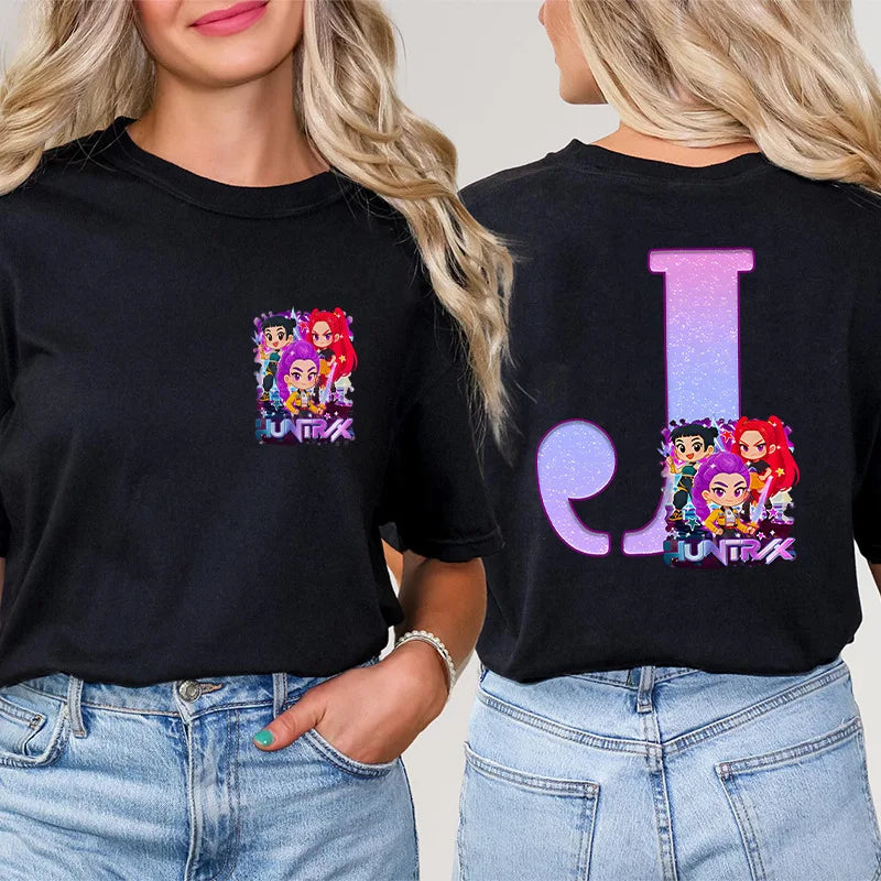 Fashion A-Z 26 Letter T-Shirts Kpop Demon Hunters Graphic Aesthetic Clothing Women T-Shirt Harajuku Female Clothing Y2k Tops