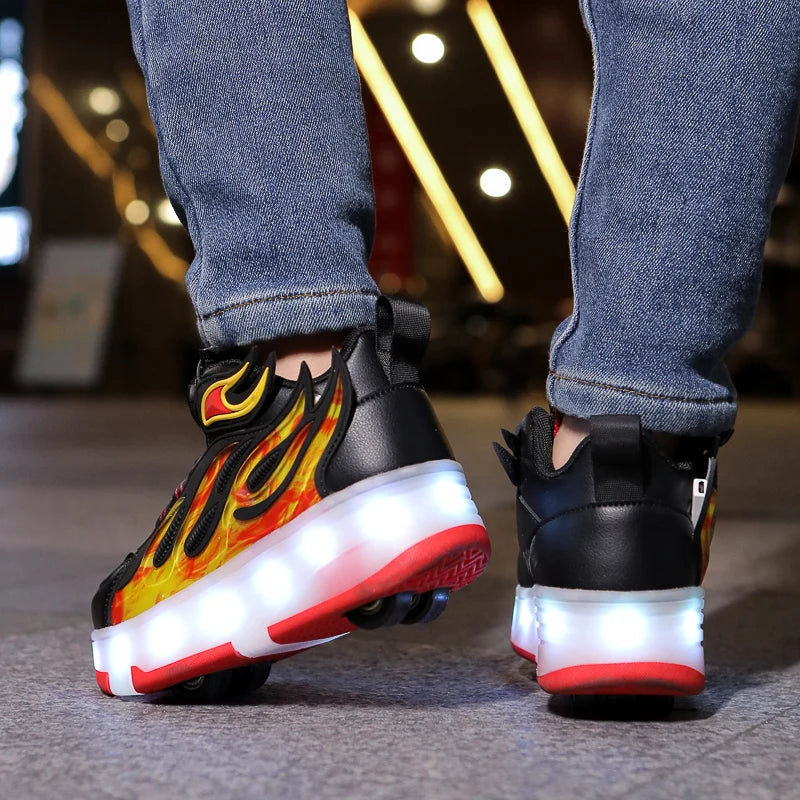 2025 New children's four-wheel novice light up rotary button automatic shrinkage fast walking shoes for boys sneakers