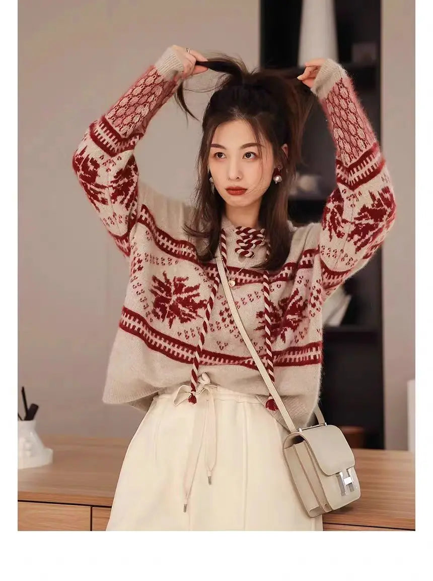 100% pure wool cashmere sweater women's 2024 autumn and winter new hooded collar pullover fashionable loose knit plus size top