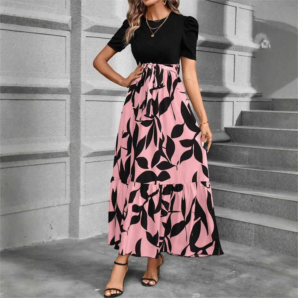 Elegant Floral Print Round Neck Long Dresses Women Short Sleeve High Waist Lace-up Office Lady Holiday Party Dresses Vestidos