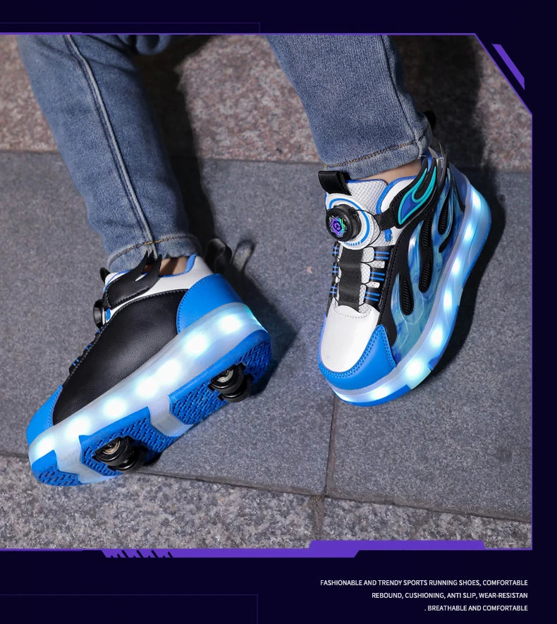 2025 New children's four-wheel novice light up rotary button automatic shrinkage fast walking shoes for boys sneakers