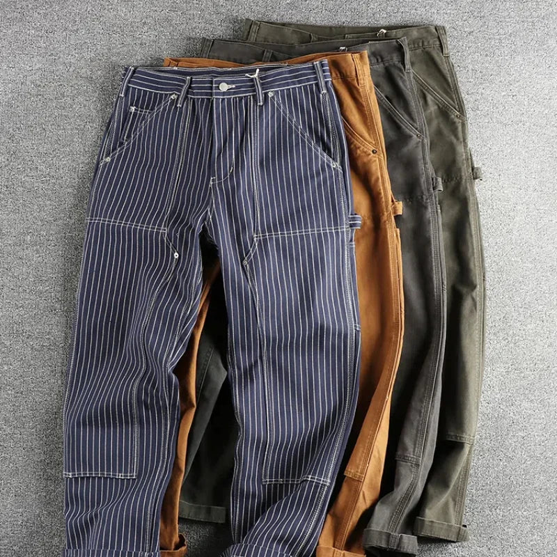 May Khaki heavy chunky overalls dyed blue striped straight trousers men's reproduction trend primary color pants