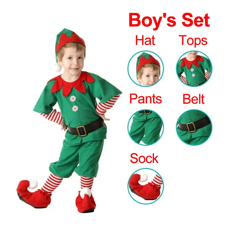 2026 New Year Green Elf Costume For Girl Boy Santa Claus Suit Set With Hat Children Christmas Party Performance Set