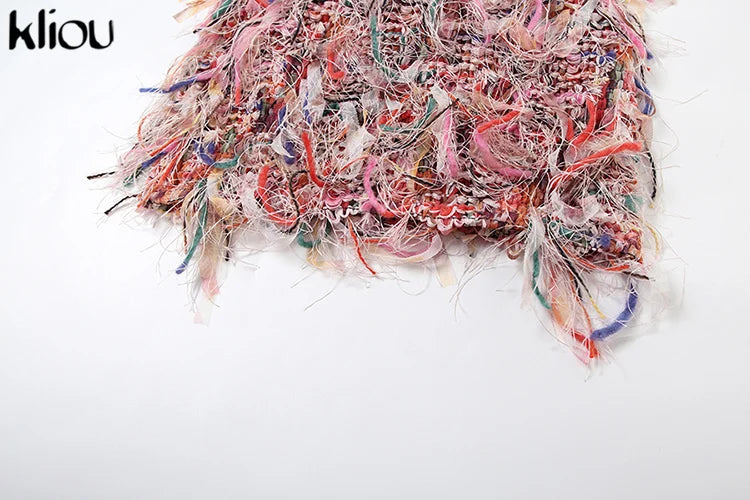 kliou Stacked Pleated Women Mini Dress 2024 New Stunning O-neck Body-shaping Patchwork Vestidos Female Attractive Party Frock