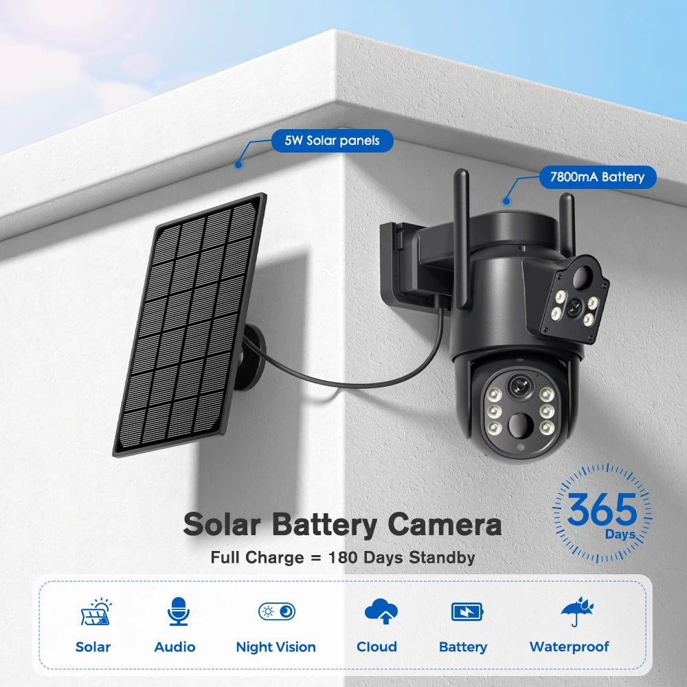 4K HD Solar WiFi Camera Outdoor Built-in Battery Dual Lens 2K Security Camera Solar Panel Wireless Video Surveillance CCTV iCSee