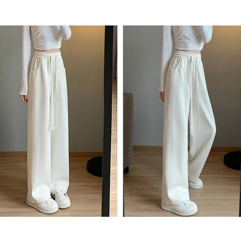 Lady Casual Daily High Waisted Sweatpants Women Drawstring Straight Leg Pants Girls Korean Slim Fit Thin Trousers