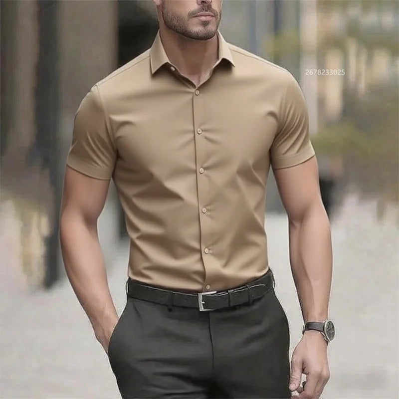 Solid color men's shirt casual shirt, high quality solid color short sleeve stretch fabric, business formal shirt, XS-6XL size