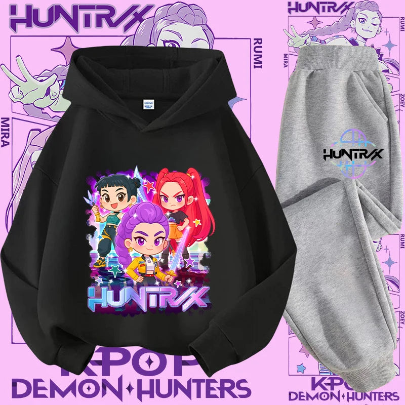 K-pop Demon Hunter New Children's Hoodie Set - Cute Girls' Casual Top for Kids,Boys' Sports Shirt with Cartoon Print-2-Piece Set