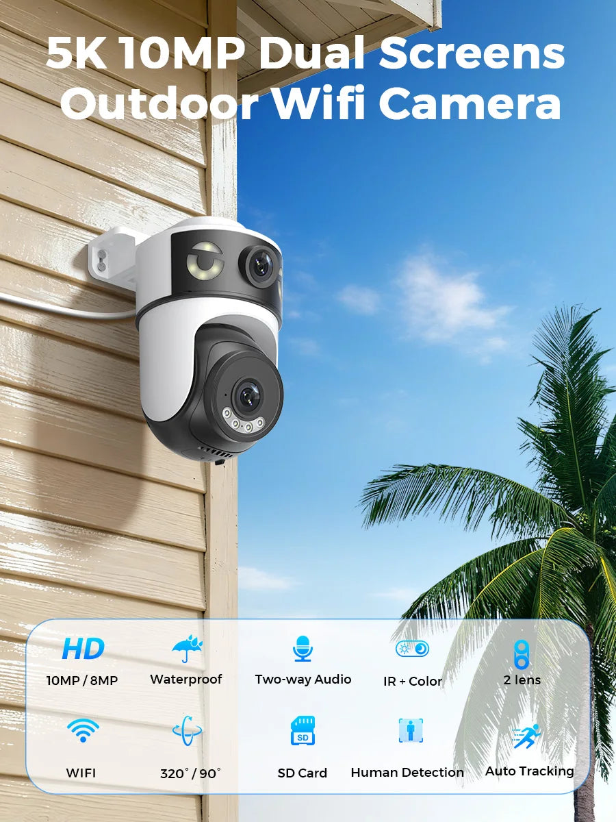 Outdoor 5K 10MP PTZ WiFi Camera Dual 2.4G+5Ghz Dual Lens 8MP 4K HD Dual Screen Auto Tracking Security Surveillance
