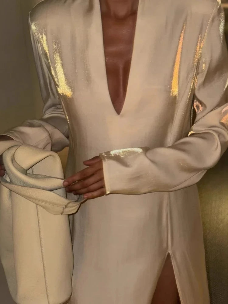 2025 Summer Fashion New Women's Elegant Dress Gold Sparkling V-neck Split Sexy Street Style Stand Up Long Dress