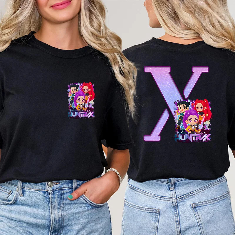 Fashion A-Z 26 Letter T-Shirts Kpop Demon Hunters Graphic Aesthetic Clothing Women T-Shirt Harajuku Female Clothing Y2k Tops