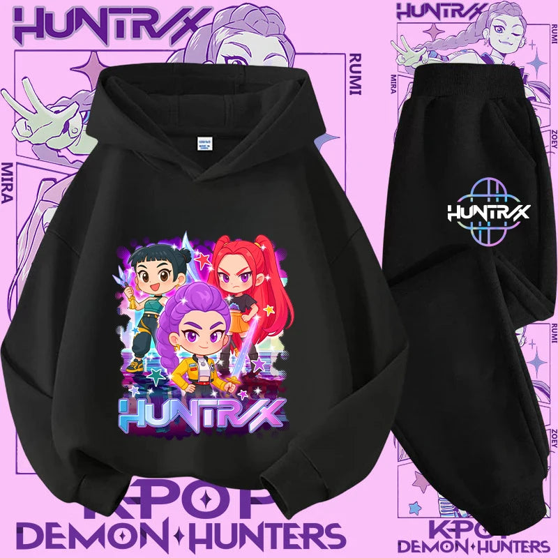 K-pop Demon Hunter New Children's Hoodie Set - Cute Girls' Casual Top for Kids,Boys' Sports Shirt with Cartoon Print-2-Piece Set