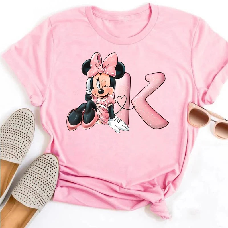 Disney Cartoon Minnie Mouse Letter A B C D E F Print Women Summer T Shirt Harajuku Casual Short Sleeves Pink Female Tshirts