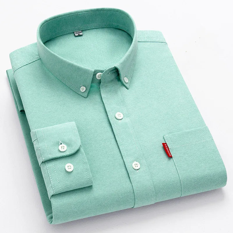 Men's Oxford Long Sleeve Shirts 100% Cotton Solid Color Turn Down Collar Regular Fit Daily Men Clothing Button-down Shirts 5XL