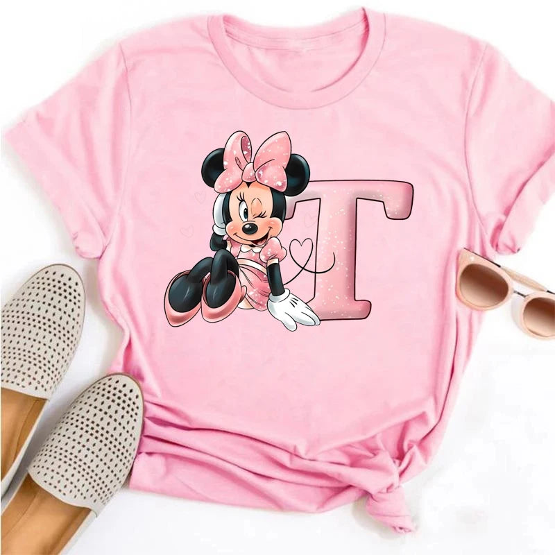 Disney Cartoon Minnie Mouse Letter A B C D E F Print Women Summer T Shirt Harajuku Casual Short Sleeves Pink Female Tshirts