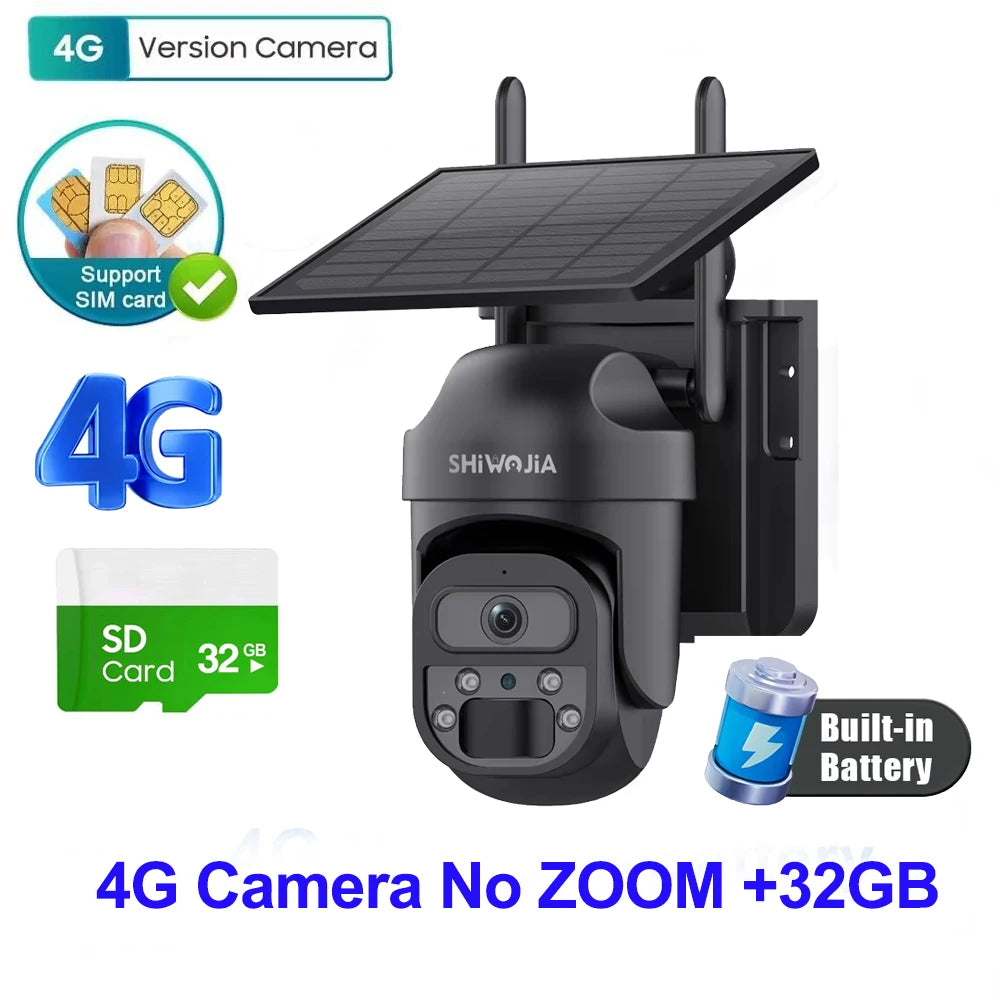 SHIWOJIA 15X ZOOM Solar Camera 4G 12MP Three Lens 360° View 5W Solar Panel Security Outdoor PTZ IP Camera 7800mAh Battery UBOX