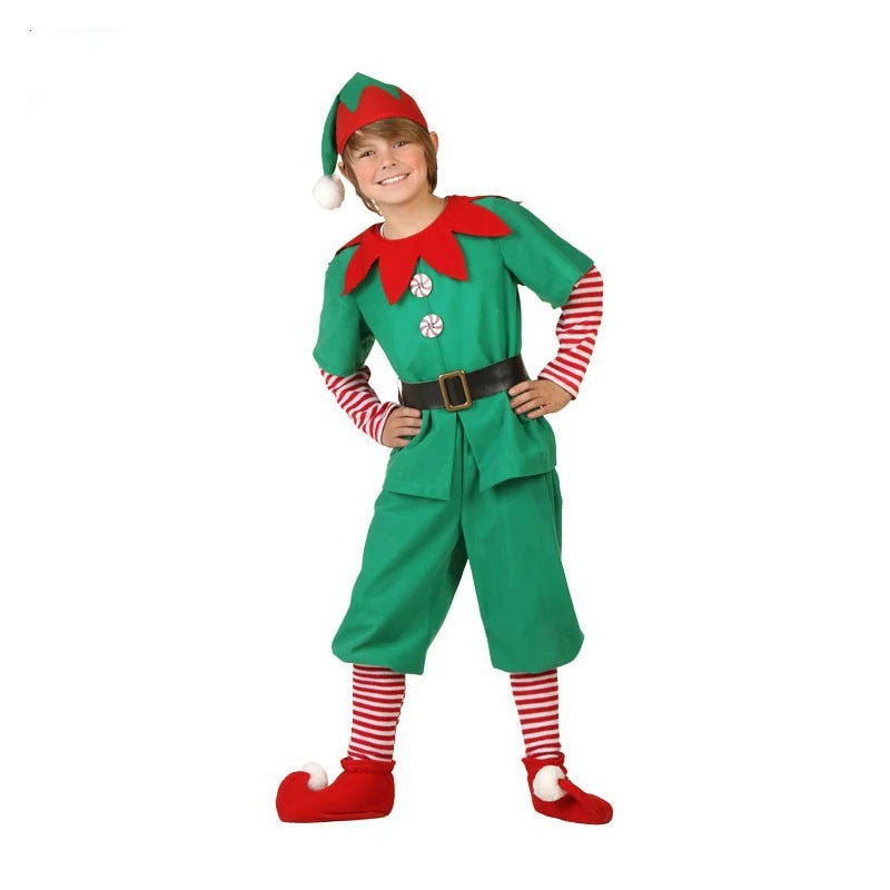2026 New Year Green Elf Costume For Girl Boy Santa Claus Suit Set With Hat Children Christmas Party Performance Set