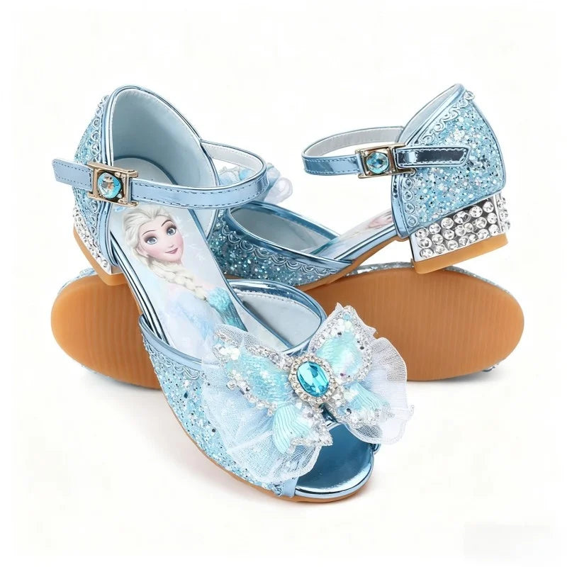 Disney Princess Butterfly Leather Shoes Frozen Elsa Kids Bowknot High Heel Children Girl Glitter Shoes Fashion Girls Party Shoe