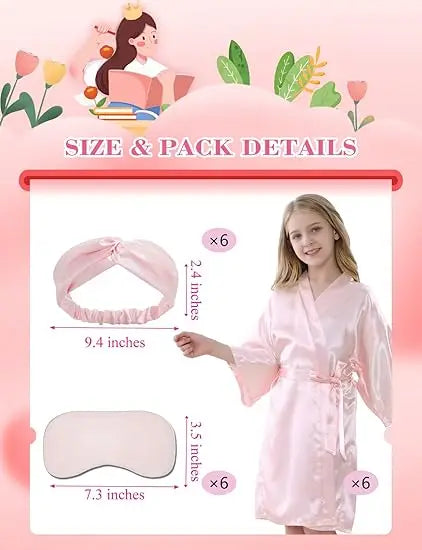 12 Pack Girls Kids Silky Satin Robe with Hair Band Slipper Hair Ring for Wedding Birthday Party Spa