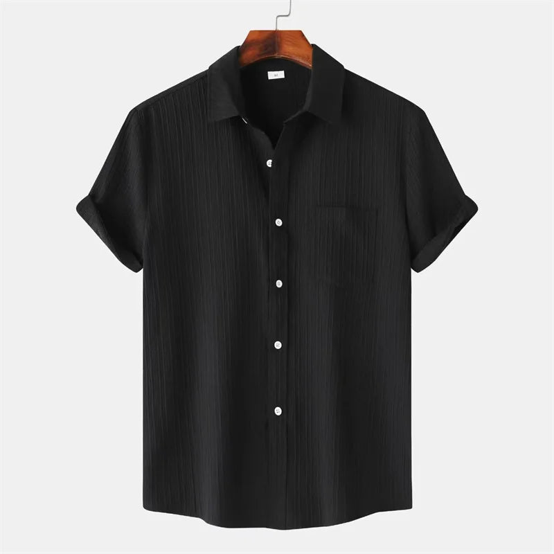 New 9 Color Men's Solid Striped Shirt Summer Fashion Short Sleeve Flap Top Men Casual Holiday Everyday Men