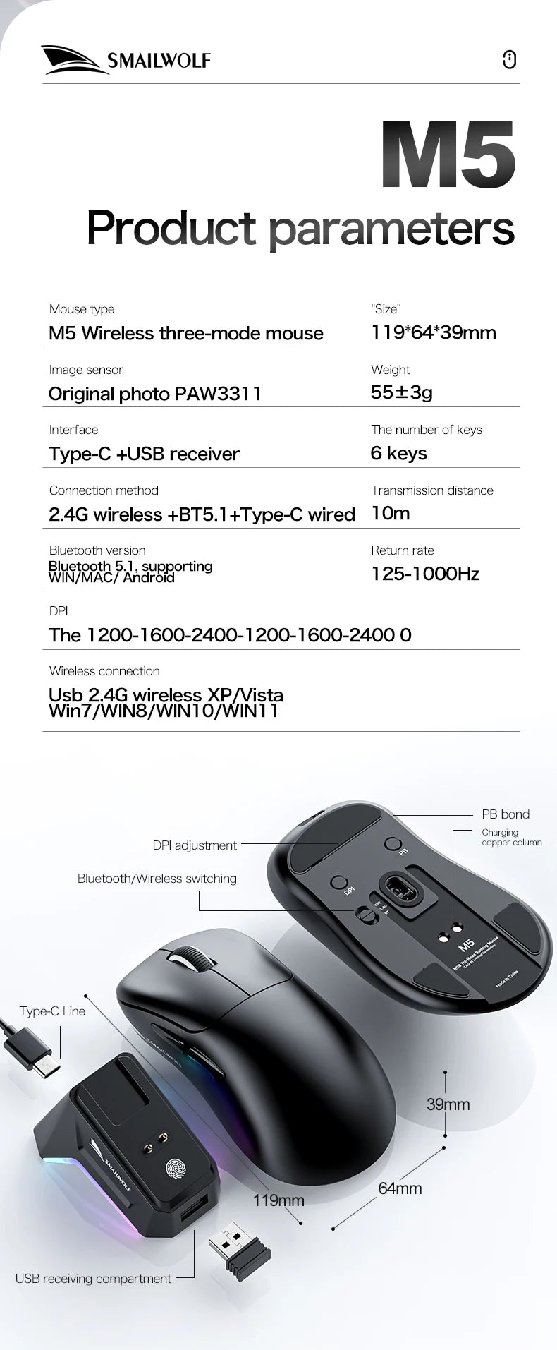 SMAILWOLF M5 Bluetooth Wireless Mouse Gaming Laptop Desktop E-Sports Lightweight PAW3311 Wired Magnetic Charging